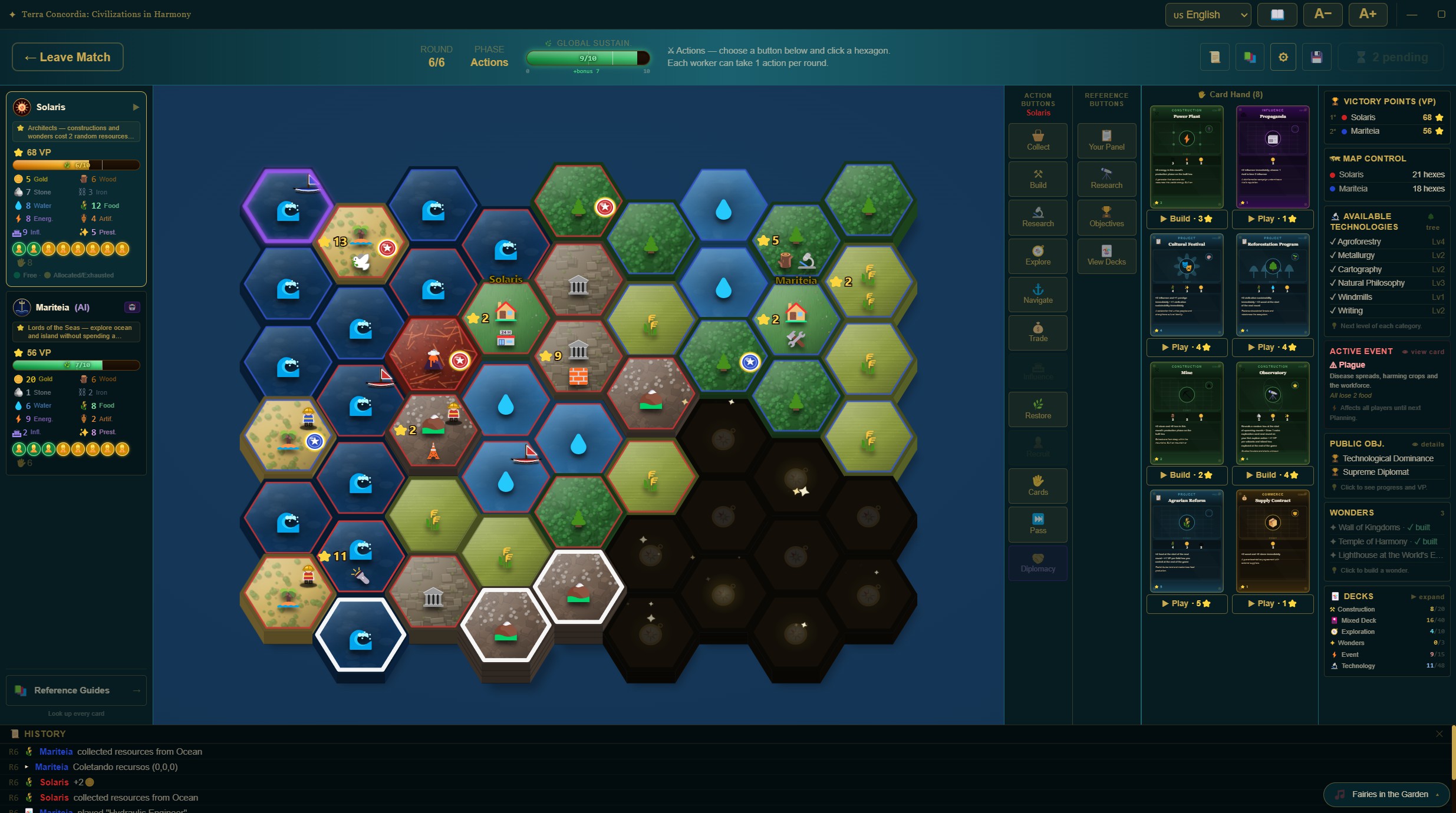Terra Concordia gameplay — hexagonal map, cards and resources