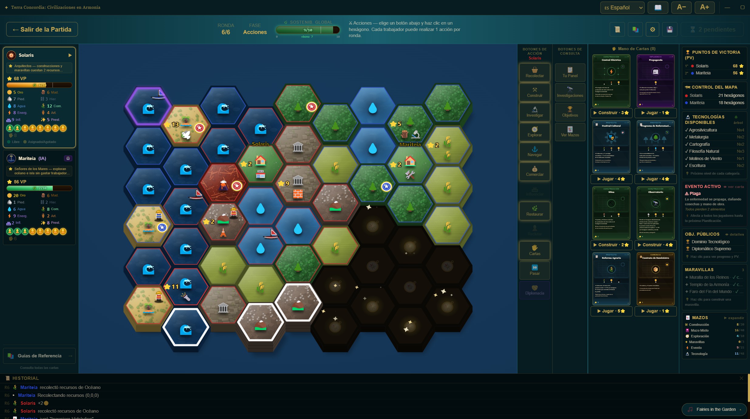 Gameplay de Terra Concordia — mapa hexagonal, cartas y recursos